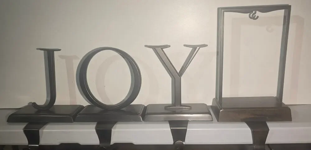 Pottery Barn JOY Stocking Holders 4 Piece Picture Frame Christmas Mantel Hooks
